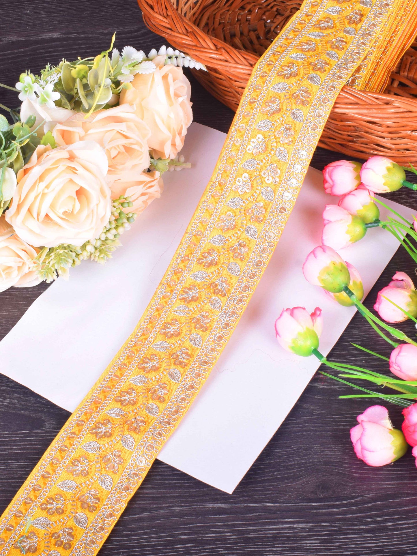 Yellow gold sequins zari Embroidered Sabhyasachi Lace – 9 Meter Roll