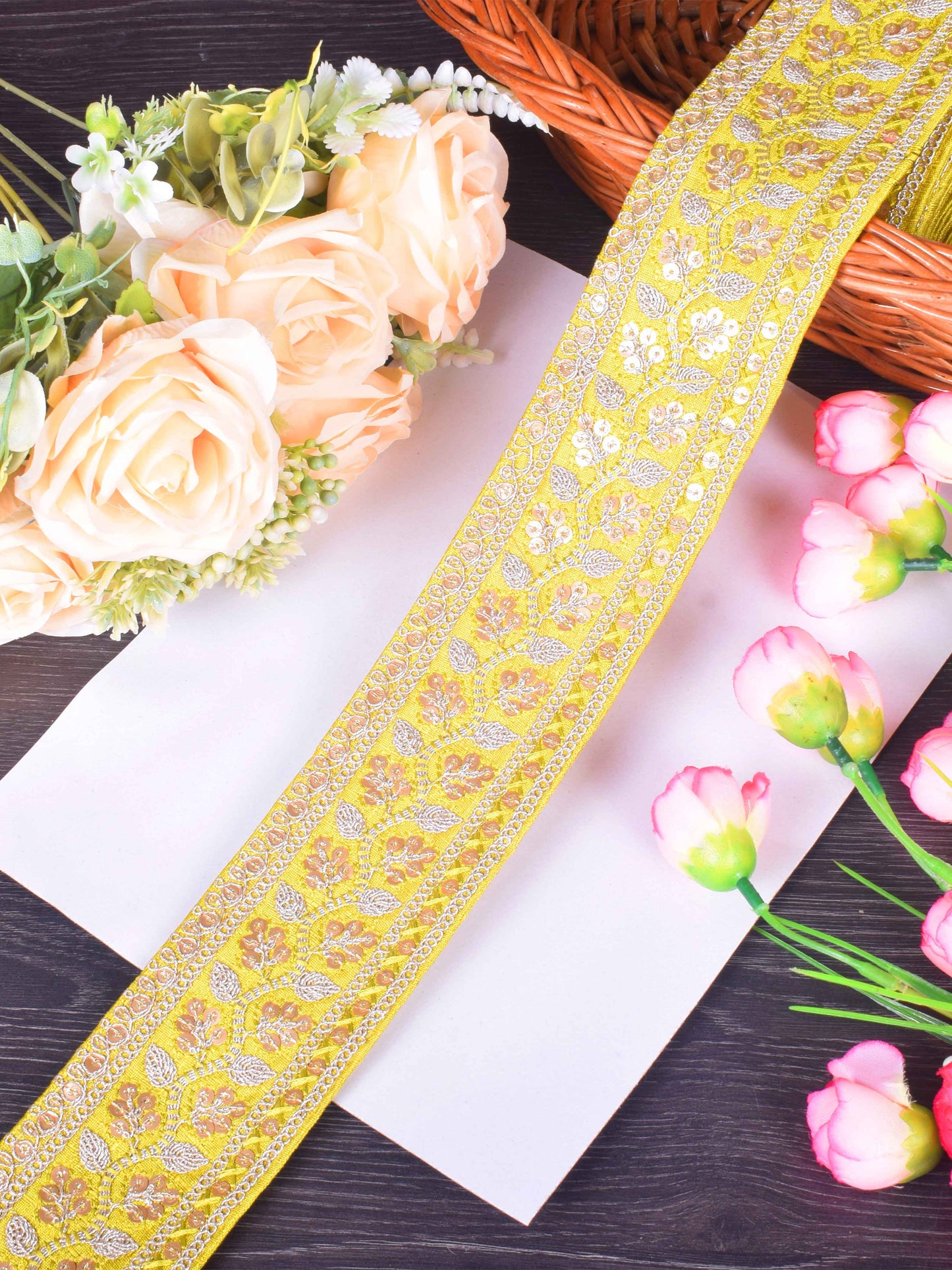 Yellow Floral Embroidered Sabhyasachi Lace – 9 Meter Roll