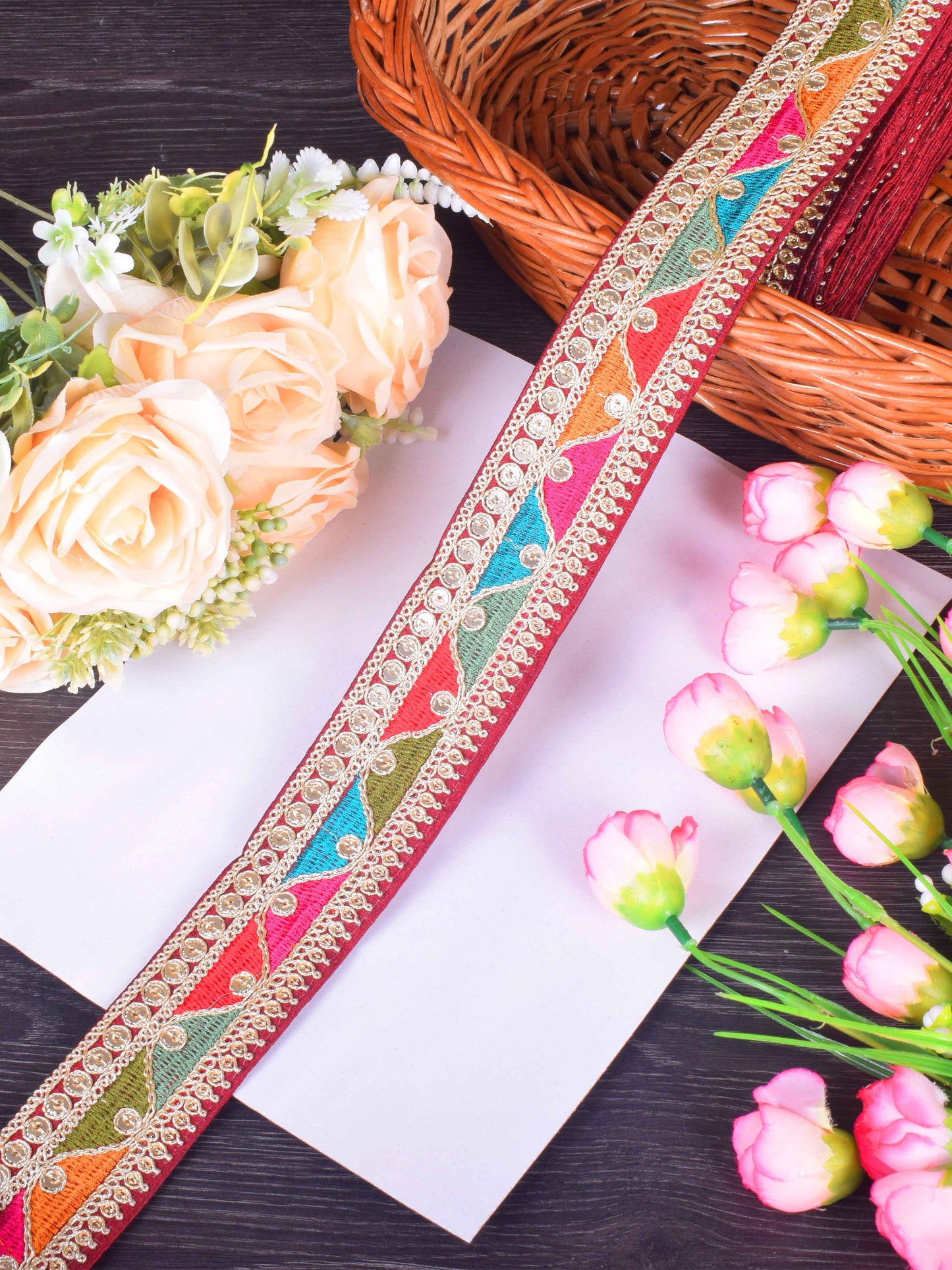 Embroidered Sabhyasachi Lace in maroon – 9 Meter Roll