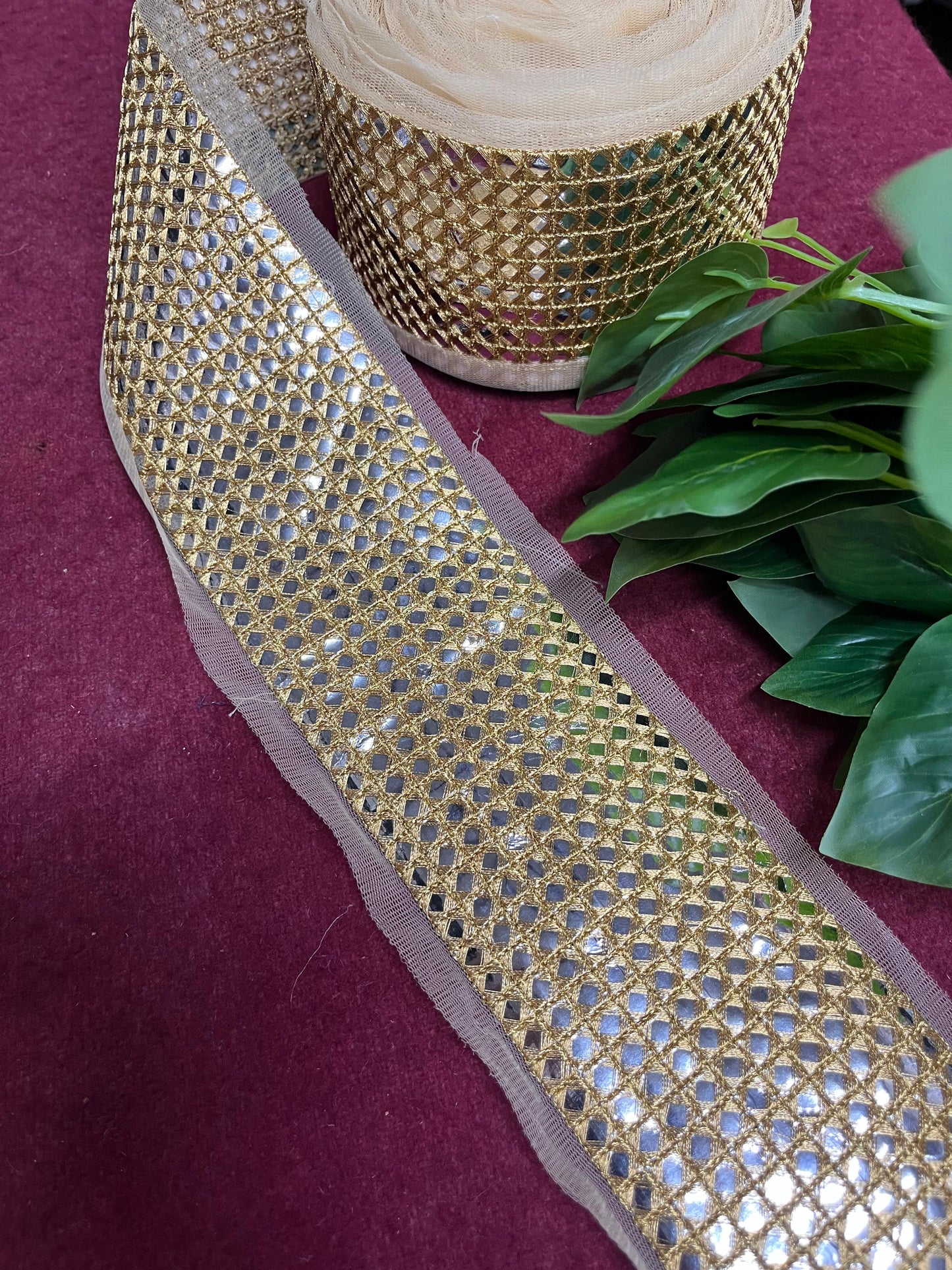 Mirror Lace with Net Fabric – 9 Meters, 3-Inch Width, Handcrafted Embellished Border | Dal Gold