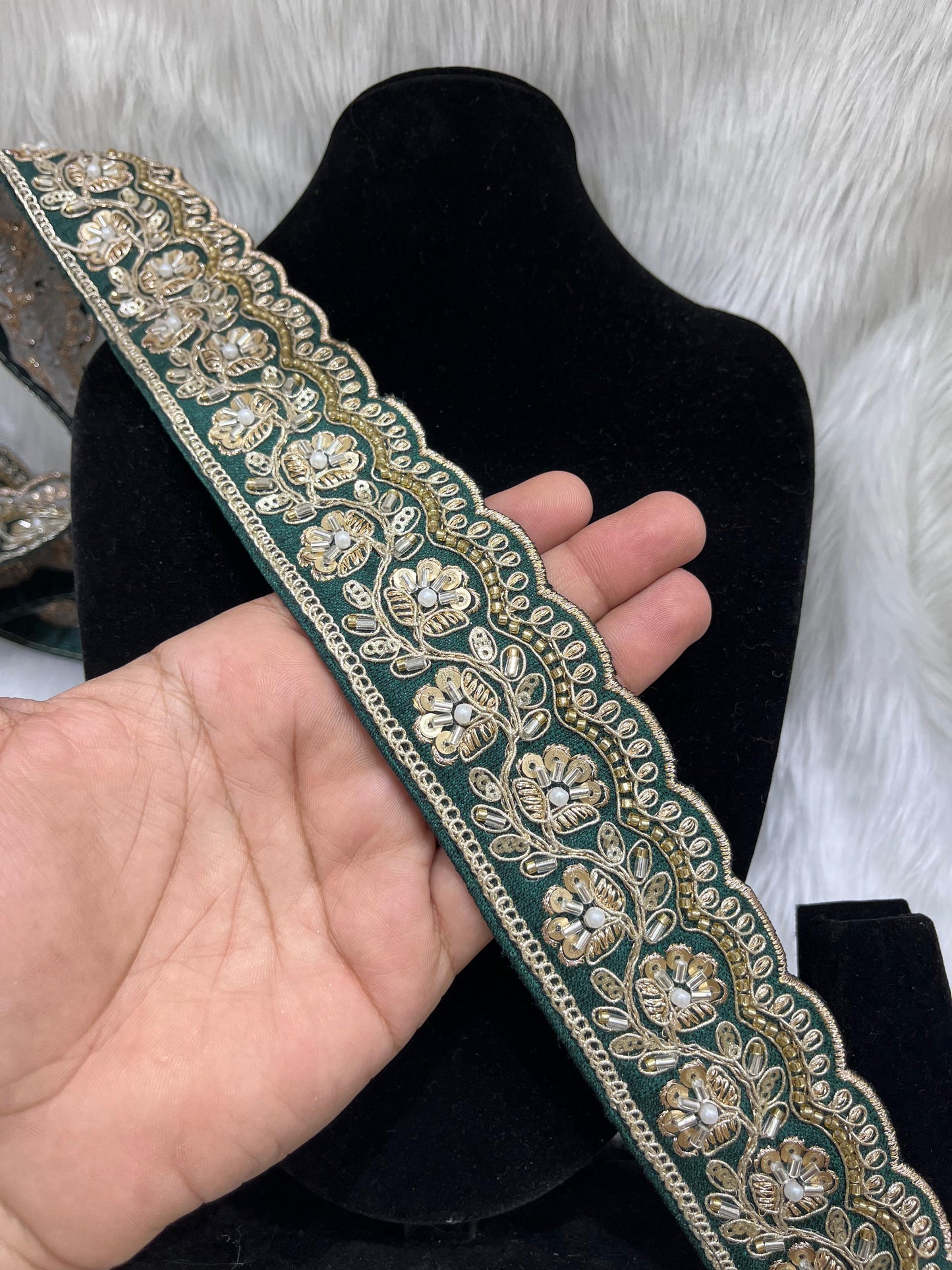 Designer Maggam Work Lace Border – 9 Meters, 2-Inch Width, Handcrafted Embroidery | Dark Green