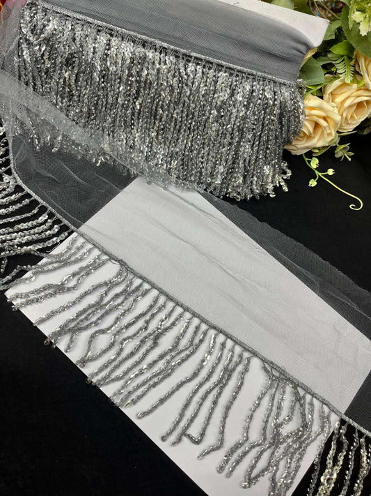 Sequence Fringe Lace | Western Imported Lace | Tassels Lace – Premium Designer Border Trim for Sarees, Lehengas & Gowns (9 Meter, 4 Inch Width) | Dark Grey