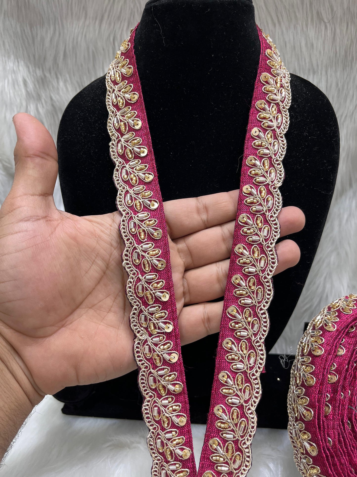 Designer Maggam Work Lace Border – 9 Meters, 1-Inch Width, Handcrafted Embroidery | Dark Maroon