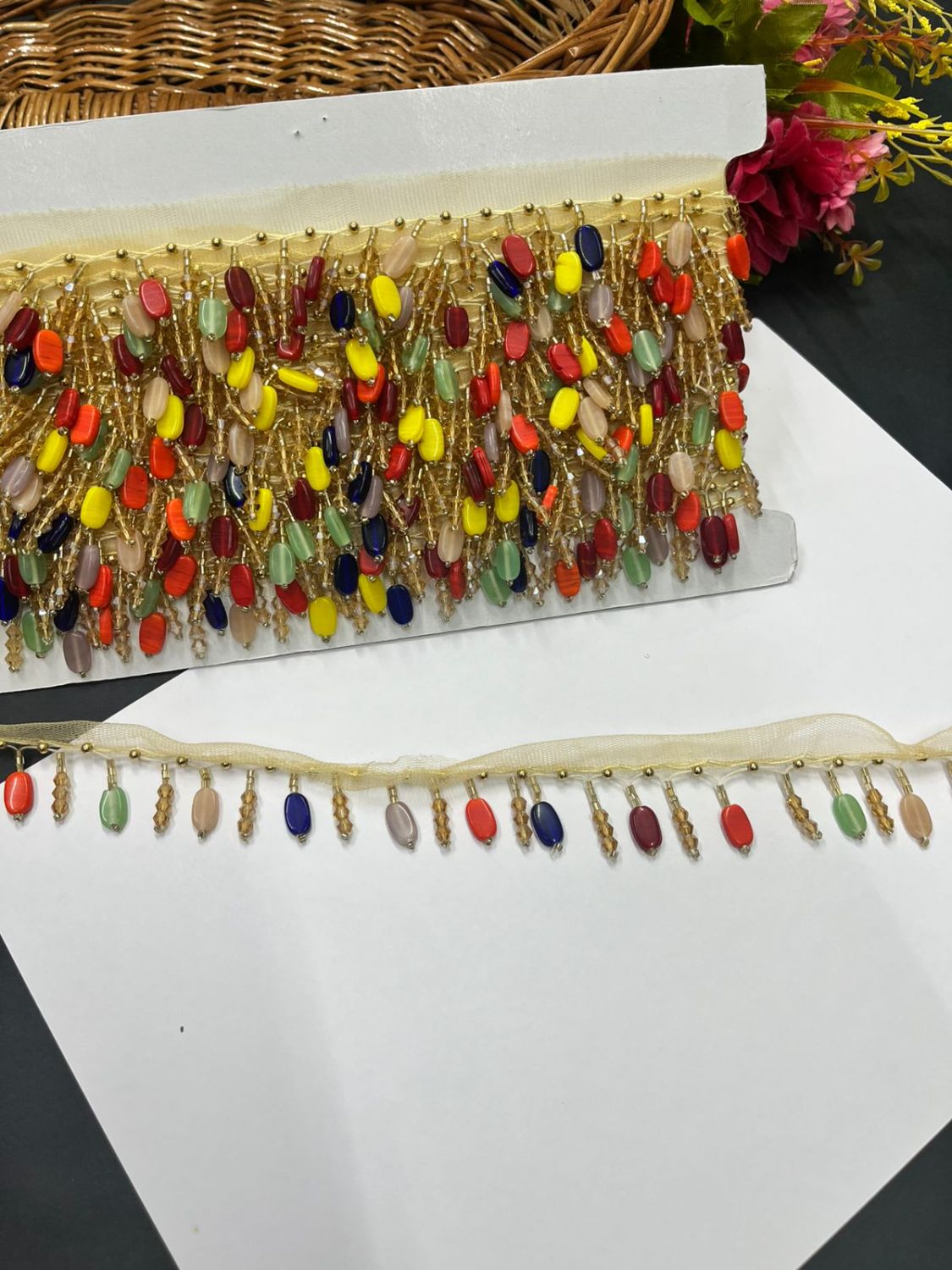 Crystal Hanging Lace – Decorative Latkan Lace for Sarees, Dupattas, and Dresses (9 mtr, 1 inch) | Dark Multi