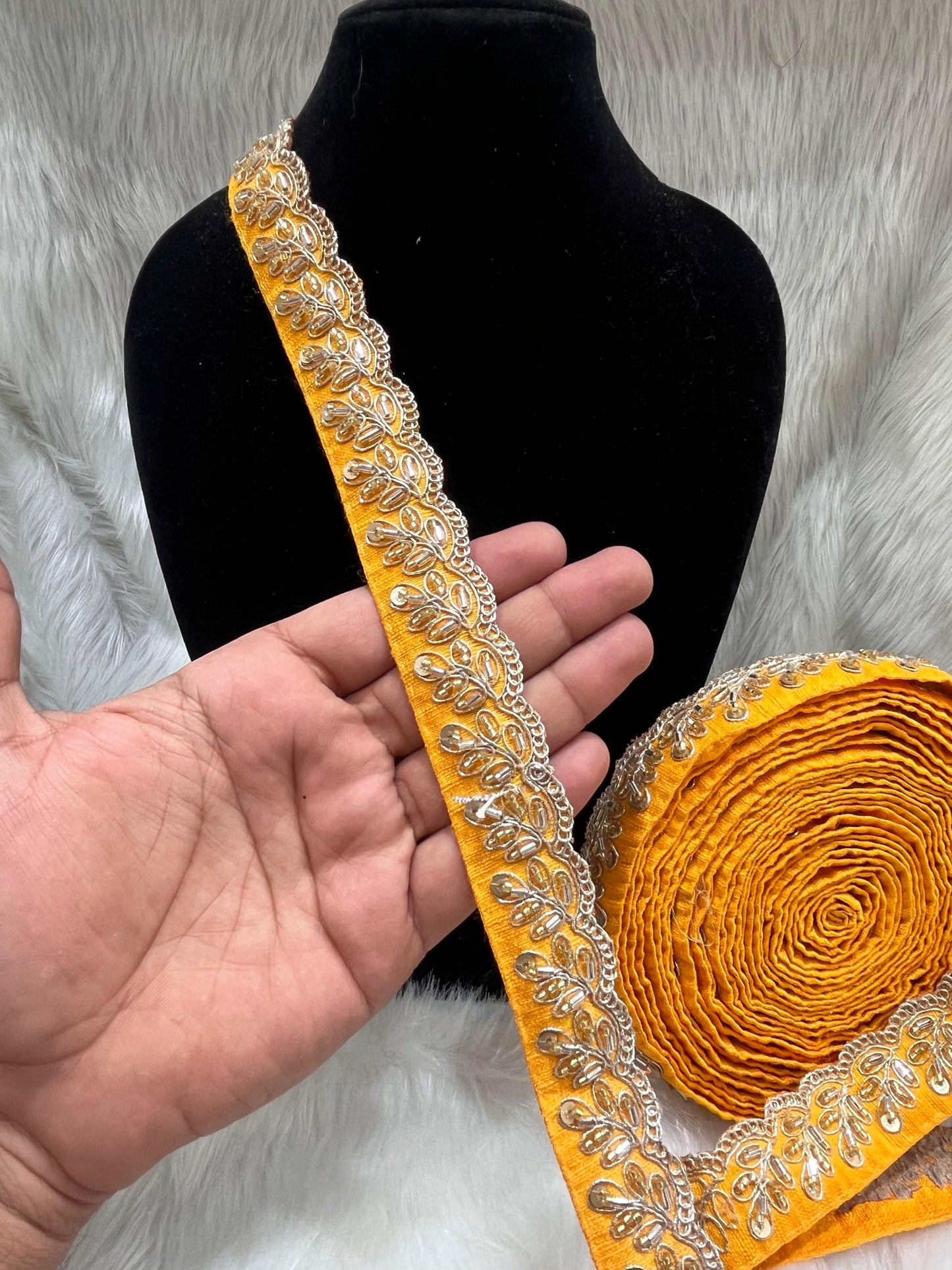 Designer Maggam Work Lace Border – 9 Meters, 1-Inch Width, Handcrafted Embroidery | Dark Yellow