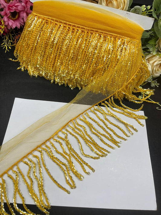 Sequence Fringe Lace | Western Imported Lace | Tassels Lace – Premium Designer Border Trim for Sarees, Lehengas & Gowns (9 Meter, 4 Inch Width) | Dark Yellow