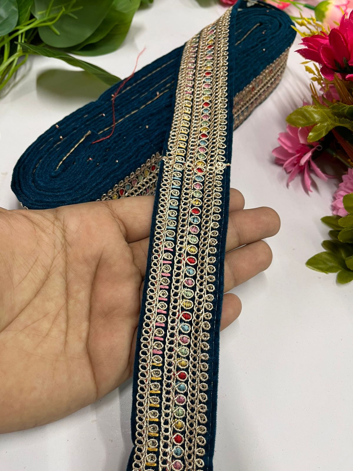 Velvet Embroidered Lace Trim | Saree Border | Craft Velvet Fabric Lace (9 Mtr) | Firozi