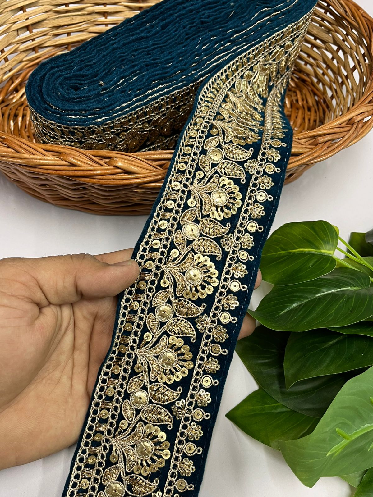 Gold Zari Embroidered Velvet Fancy Dress Lace | Velvet Lace Design (9 Mtr) | Firozi