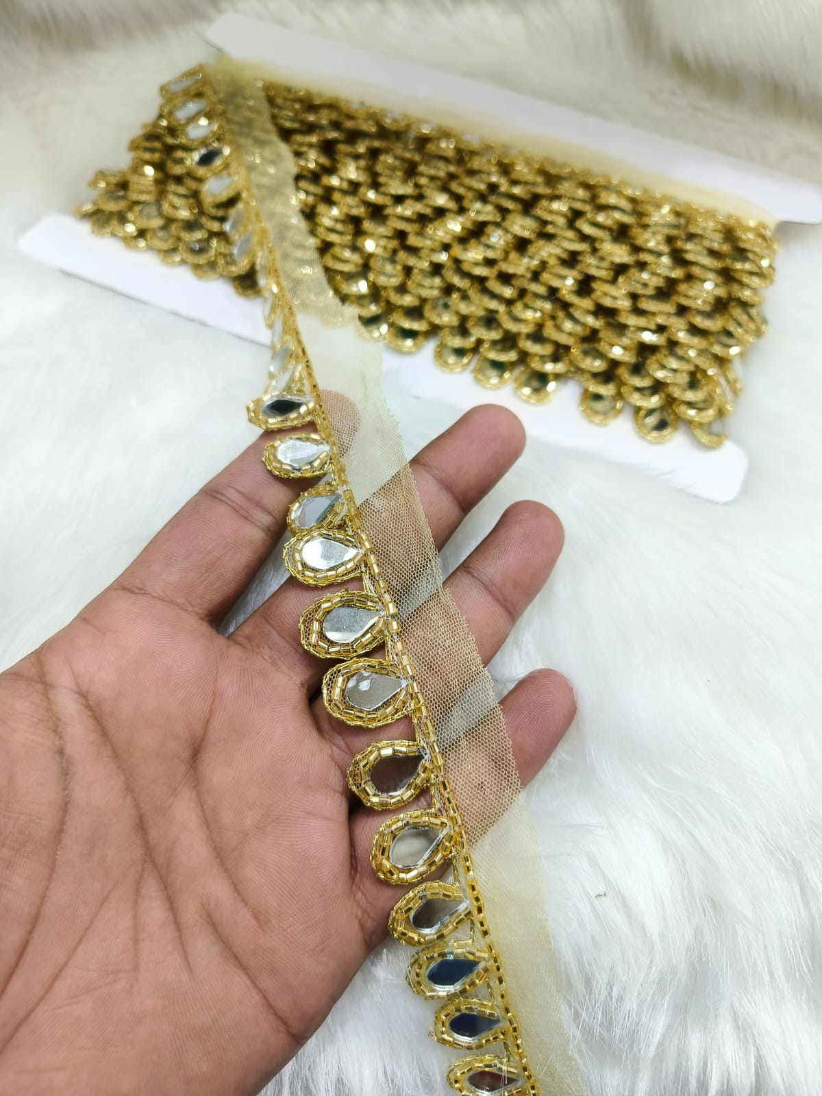 Handmade Cutdana Mirror Work Lace Borders – Premium Quality, Intricate Embellishments for Sarees, Lehengas, Dupattas, and Luxury Home Decor - Gold