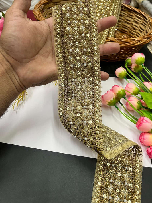 Pearl & Katdana Embroidered Zari Lace – Maggam Work Decorative Lace for Sarees, Dupattas, and Dresses (9 mtr, 3 inch) | Gold