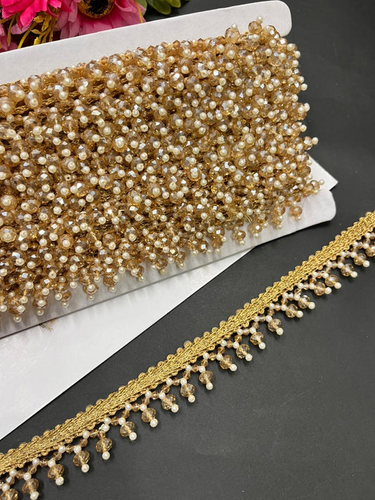 Handcrafted Crystal Hanging Laces – Designer Latkan Borders for Sarees, Dupattas & Lehengas (9 Meter, 1 Inch Width) | Gold