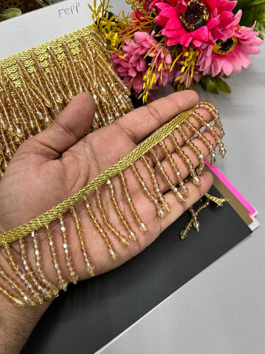 Handmade Crystal Hanging Lace Trim – Designer Crystal Tassel Latkan Lace Border for Sarees, Dupattas & Lehengas (9 Meter, 2 Inch Width) | Gold