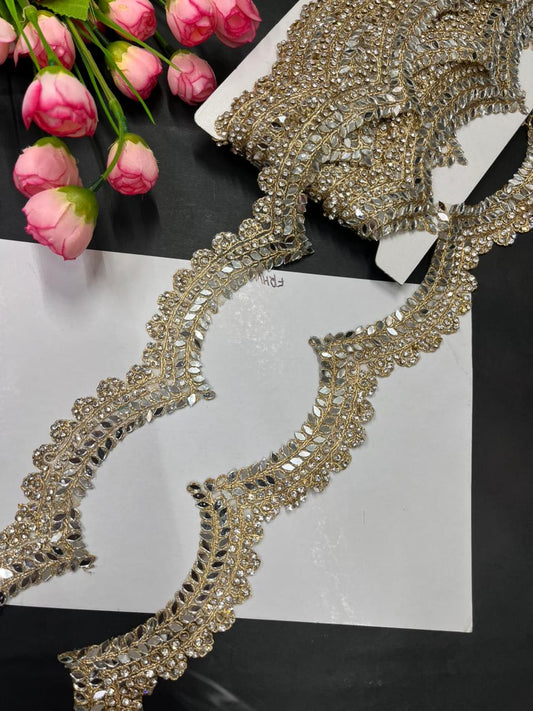 Beautiful Real Mirror Lace with Rhinestones – Premium Designer Border for Sarees, Dupattas & Lehengas (9 Meter, 2 Inch Width) | Gold