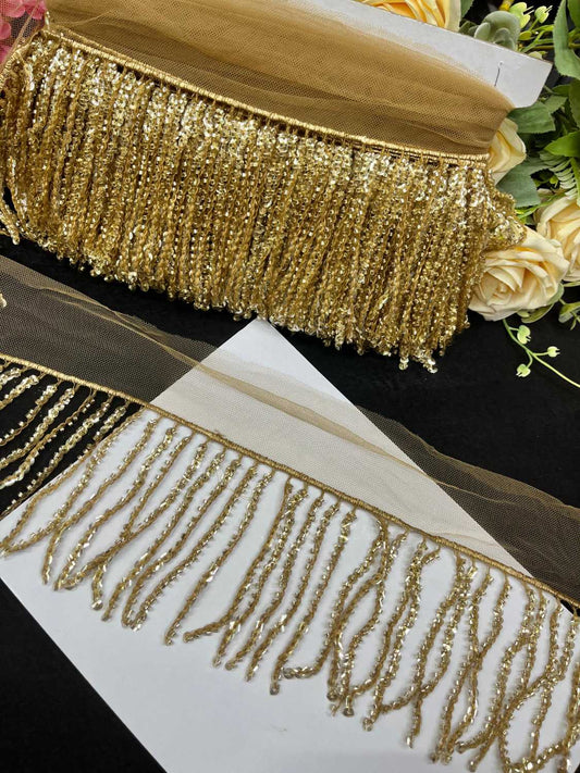 Sequence Fringe Lace | Western Imported Lace | Tassels Lace – Premium Designer Border Trim for Sarees, Lehengas & Gowns (9 Meter, 4 Inch Width) | Gold