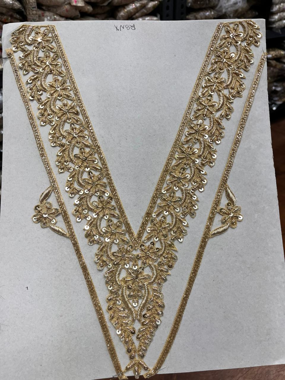 Handwork Zardozi Neck Patch With Sleeves – Premium Designer Embellished Neckline for Kurtis, Blouses, Suits & Ethnic Wear | Gold