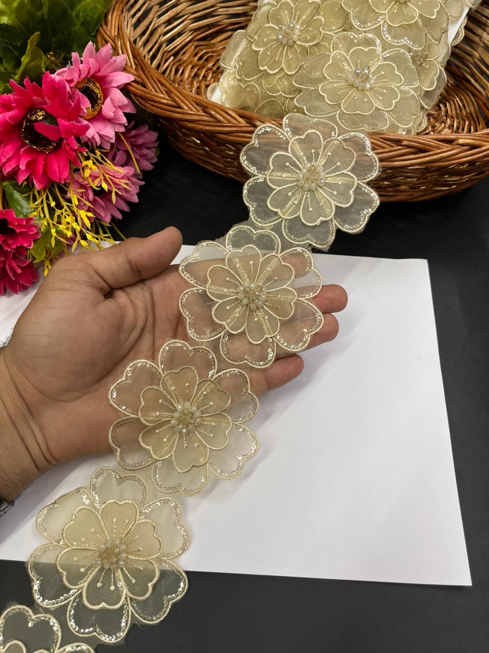 Elegant 3D Flower Lace – Imported Floral Design Trim (9 Meter) | Gold