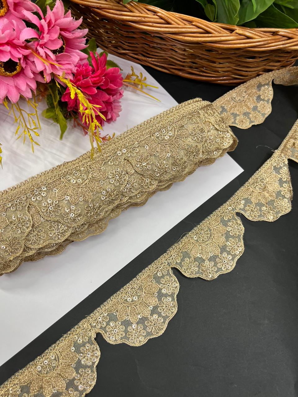 Scalloped Embroidered Zari Lace Border for Sarees – Premium Gold Designer Lace for Dupattas, Lehengas & Bridal Wear (9 Meter, 2 Inch Width) | Gold