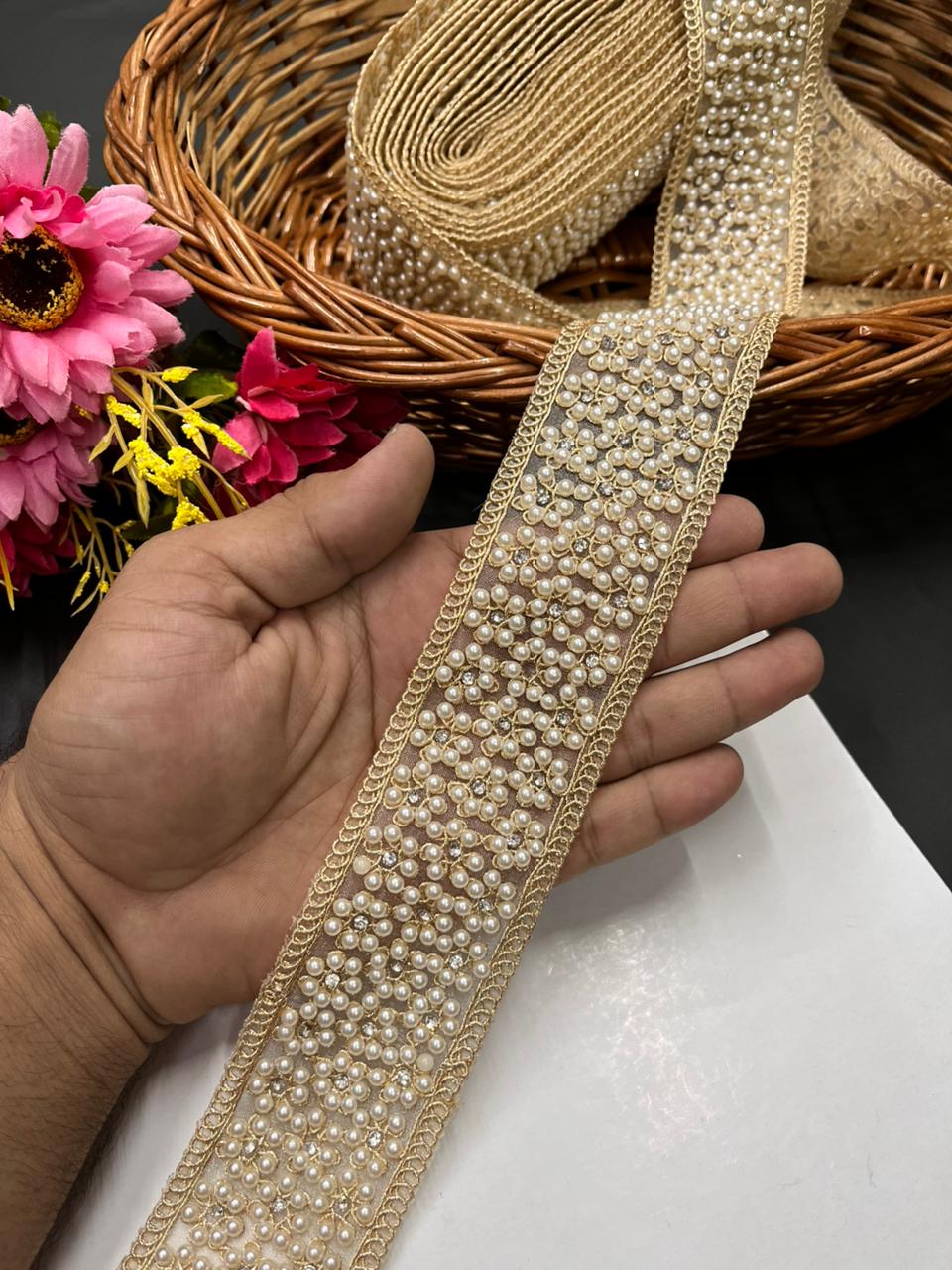 Handcrafted Pearl Borders – Premium Gold Embroidered Lace for Sarees, Lehengas & Dupattas (9 Meter, 2 Inch Width) | Gold