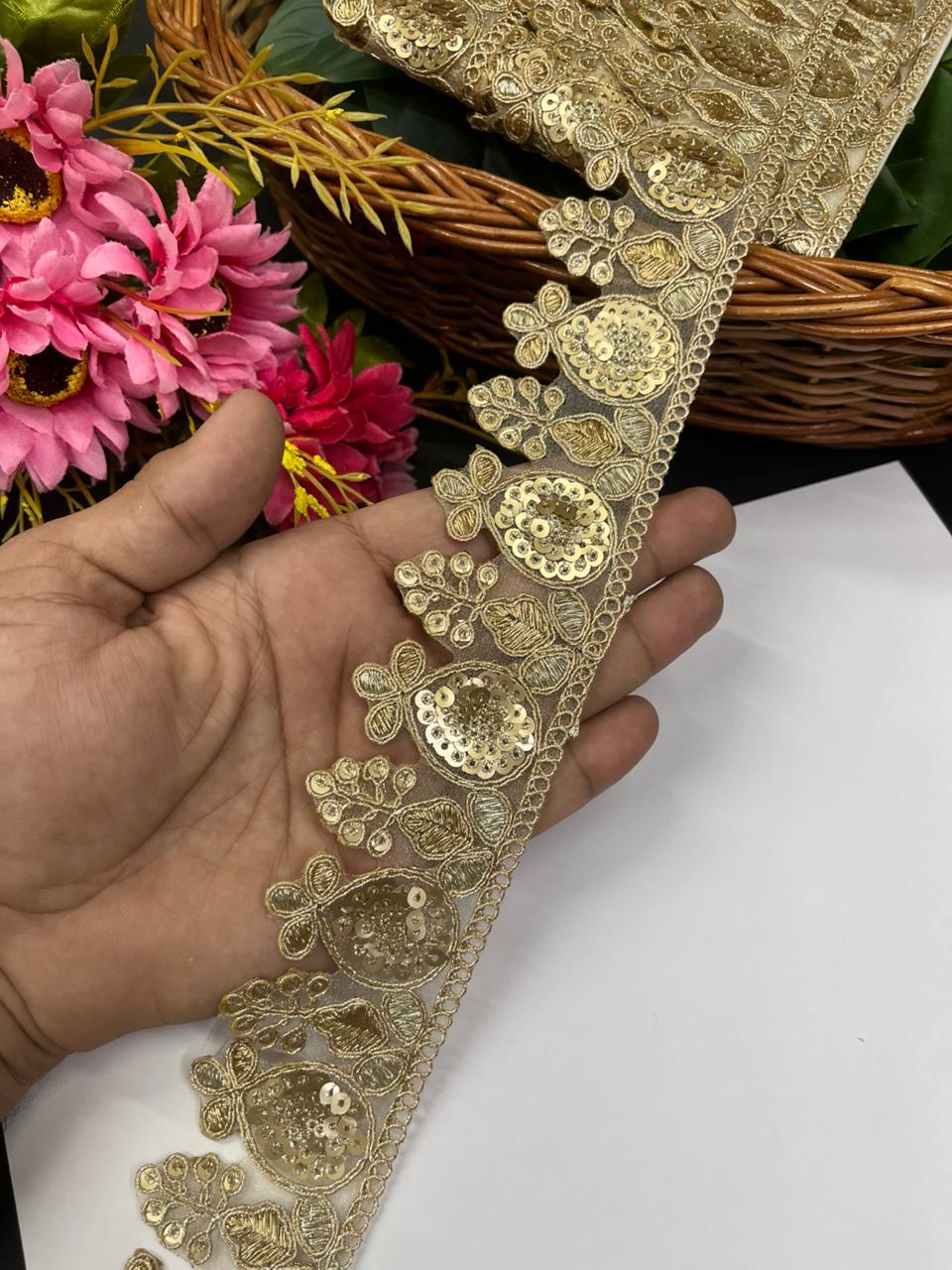 Sequins Embroidered Zari Lace Border – Heavy Gold Designer Lace for Sarees, Lehengas, Dupattas & Couture Wear (9 Meter, 2.5 Inch Width) | Gold