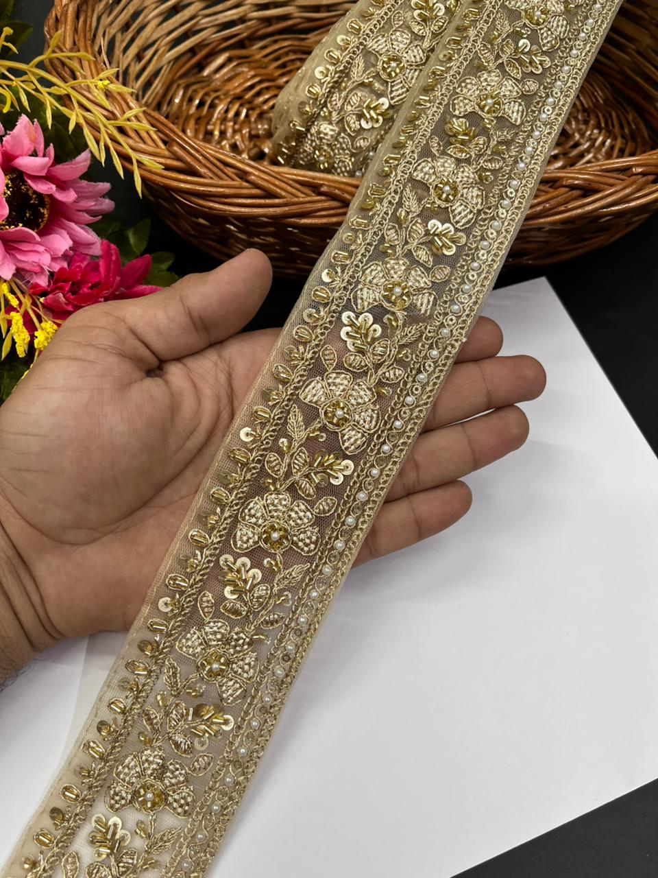 Luxurious Cutdana Work Saree Lace – Premium 2.5 Inch Gold Embroidered Designer Border for Lehengas, Dupattas & Bridal Wear (9 Meter) | Gold