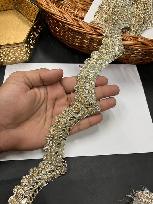 Beautiful Real Mirror Lace with Rhinestones – Premium Designer Border for Sarees, Dupattas & Lehengas (9 Meter, 2 Inch Width) | Gold