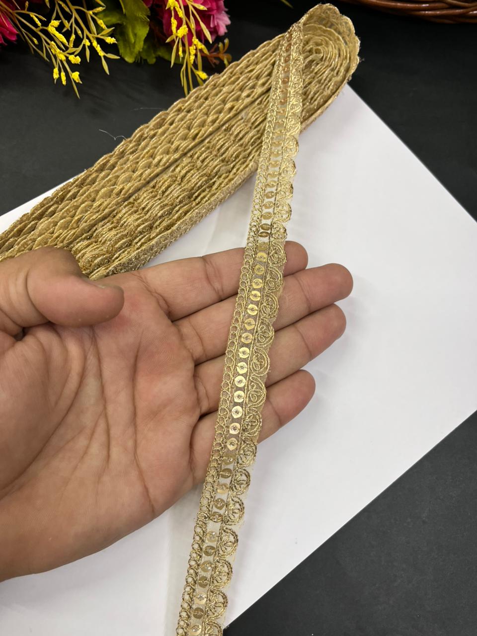 Scalloped Embroidered Zari Lace Border for Sarees – Elegant Gold Lace for Dupattas, Lehengas & Festive Wear (9 Meter, 1 Inch Width) | Gold