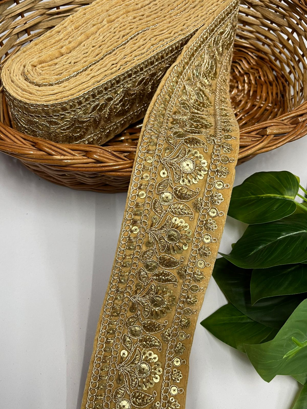 Gold Zari Embroidered Velvet Fancy Dress Lace | Velvet Lace Design (9 Mtr) | Gold