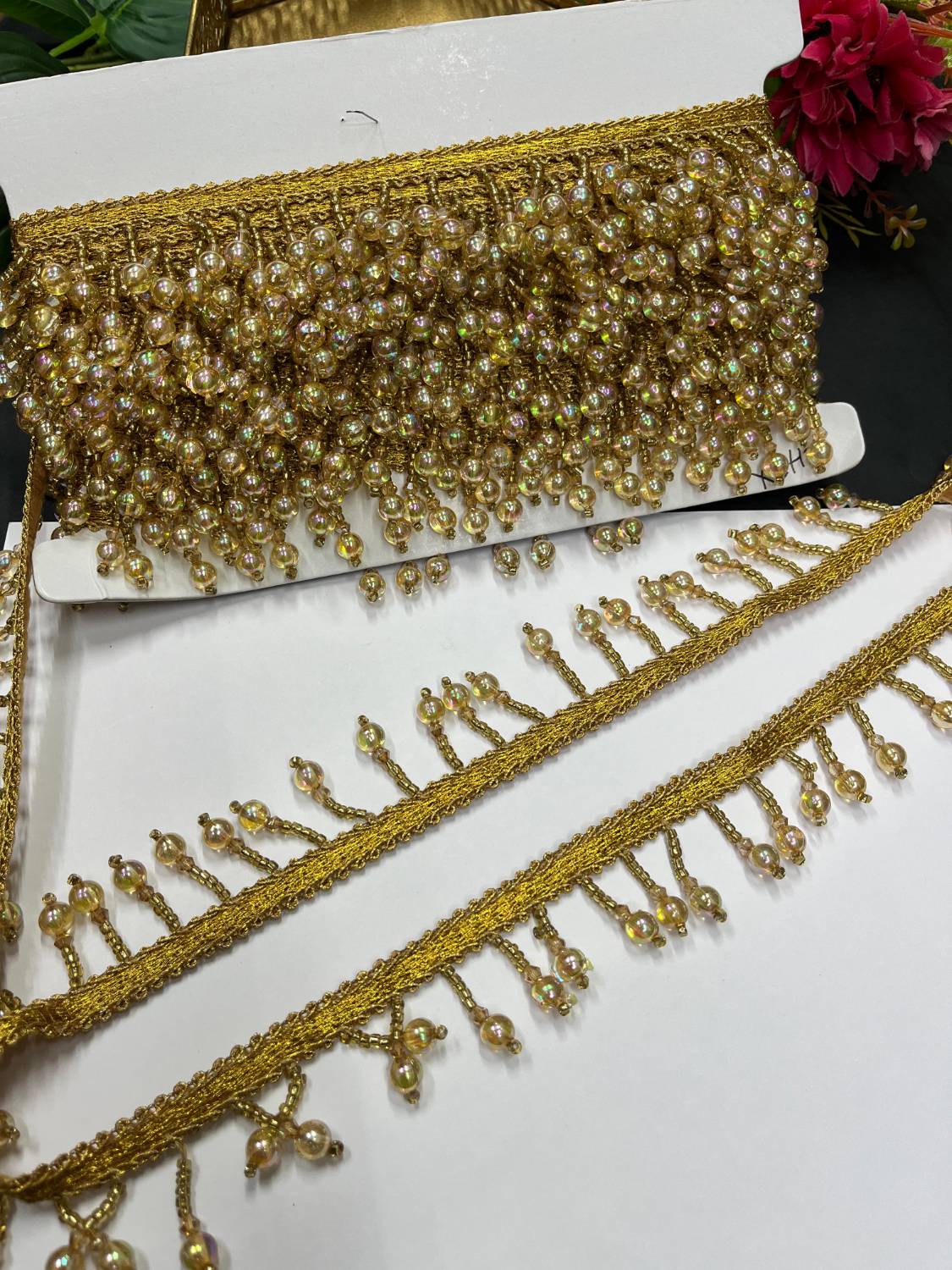 Beautiful Crystal Bead Work Hanging Lace – Decorative Latkan Lace for Sarees, Dupattas, and Dresses (9 mtr, 1.5 inch) | Gold