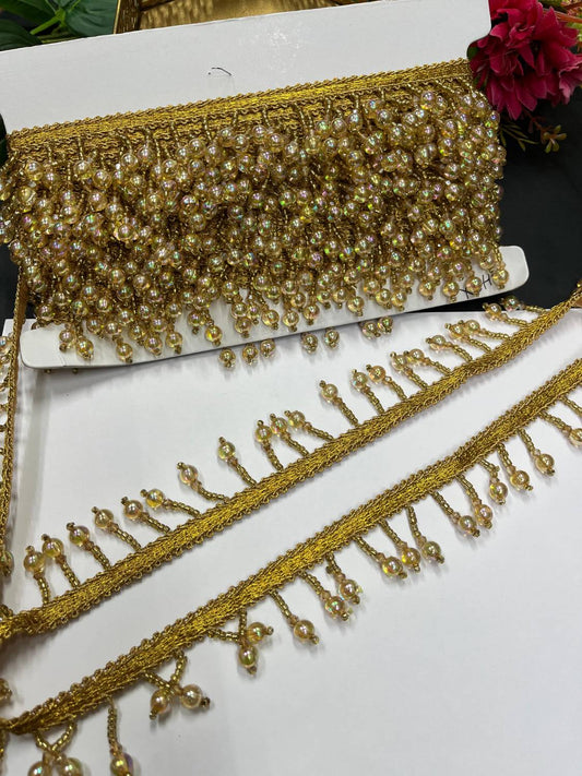 Beautiful Crystal Bead Work Hanging Lace – Decorative Latkan Lace for Sarees, Dupattas, and Dresses (9 mtr, 1.5 inch) | Gold