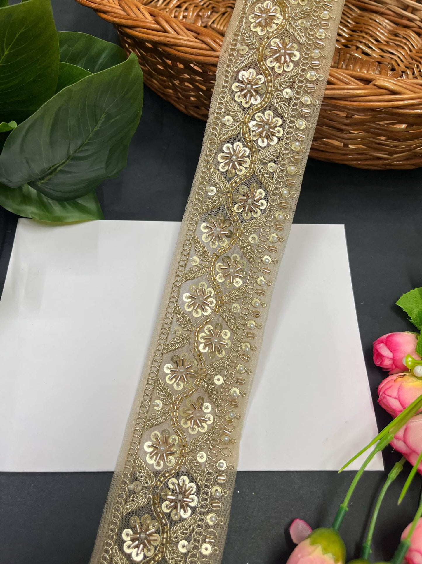 Katdana and Beaded Saree Lace – 9 Meters, 2.5-Inch Maggam Work Embroidered Border for Lehengas & Dupattas | Gold