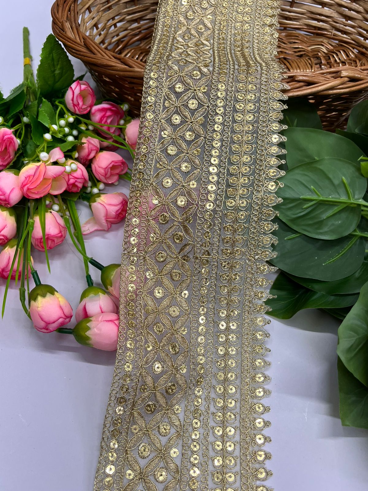 Embroidered Lace Design, Sewing Craft Ribbon, Saree Lace - 9 Meter (4 Inch Width, Gold)