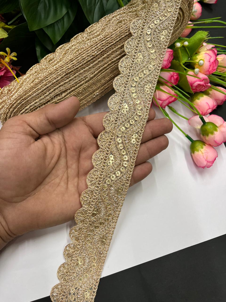 Elegant Golden Zari Embroidered Saree Laces – Premium 1.5 Inch Gold Designer Border for Dupattas, Lehengas & Festive Wear (9 Meter) | Gold