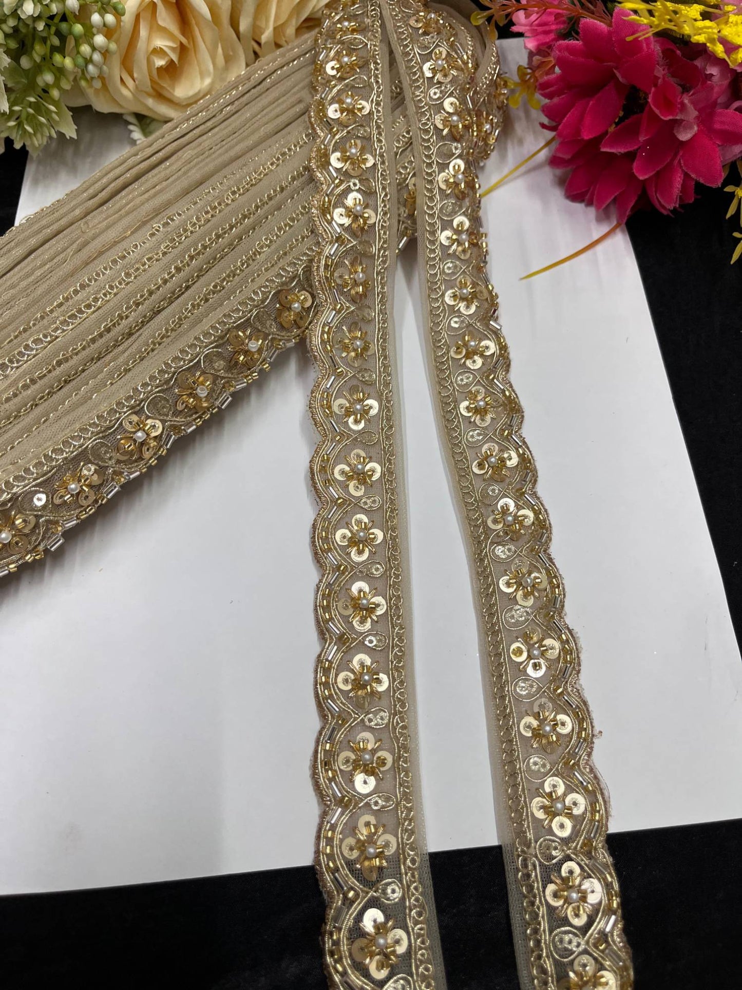 Handcrafted Katdana Saree Laces – 9 Meters, 1-Inch Maggam Work Embellished Border for Sarees, Lehengas & Dupattas | Gold