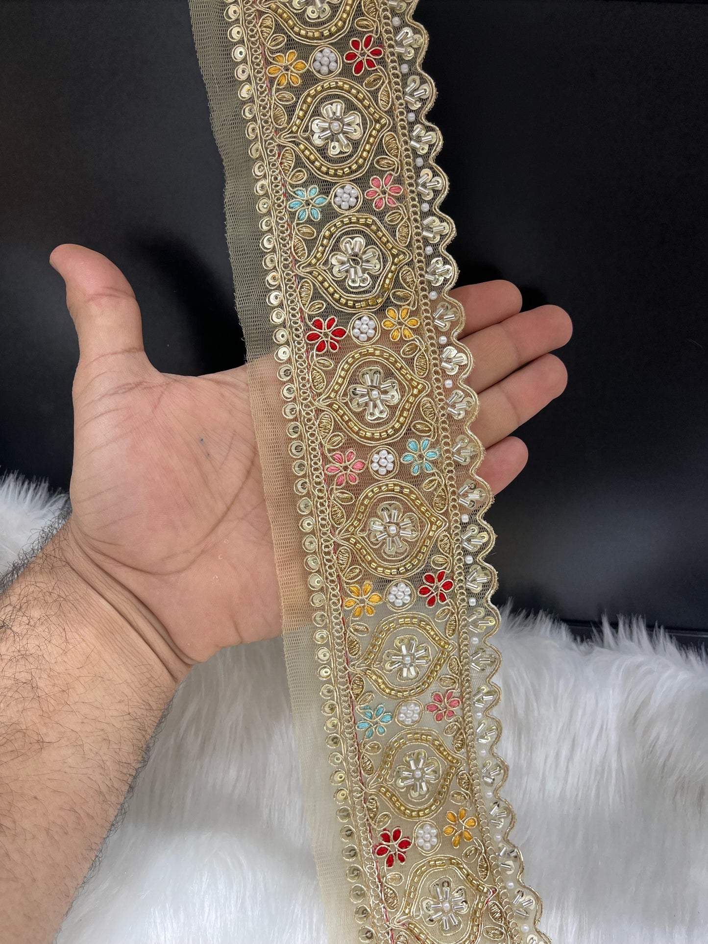 Vibrant Cutdana Beaded Embroidered Lace Border for Sarees and Lehengas – 9 Meters, 3-Inch Width | Gold