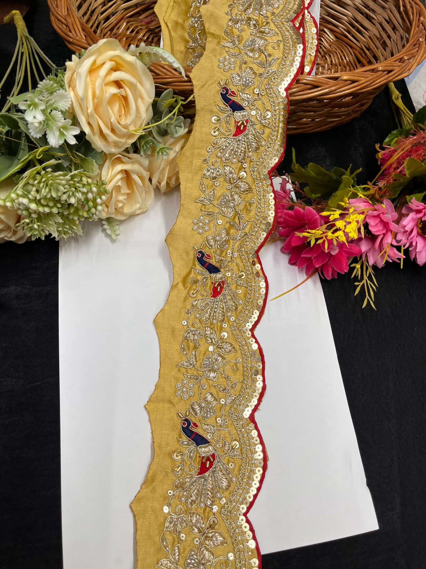 Exclusive Peacock Face Maggam Work Saree Laces – 9 Meters, 3-Inch Embroidered Border for Sarees, Lehengas & Dupattas | Gold