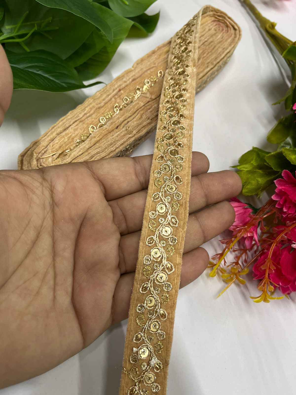 Velvet Embroidered Lace Trim | Saree Border, Craft, Velvet Fabric Lace (9 Mtr) | Gold