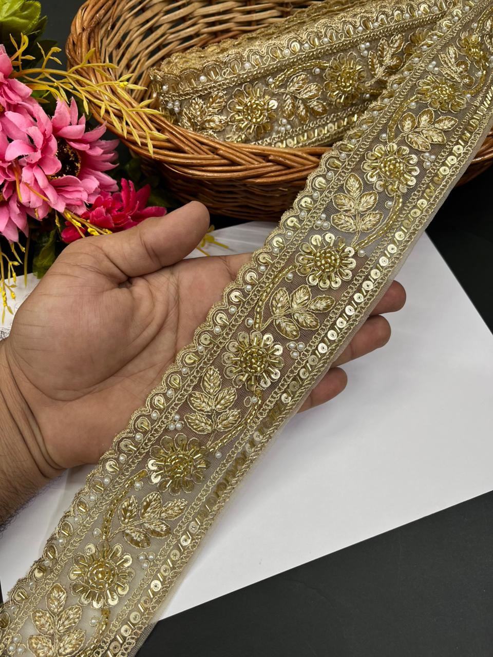 Beaded Embroidered Saree Laces – Premium 2.5 Inch Gold Embellished Lace Border for Lehengas, Dupattas & Designer Wear (9 Meter) | Gold