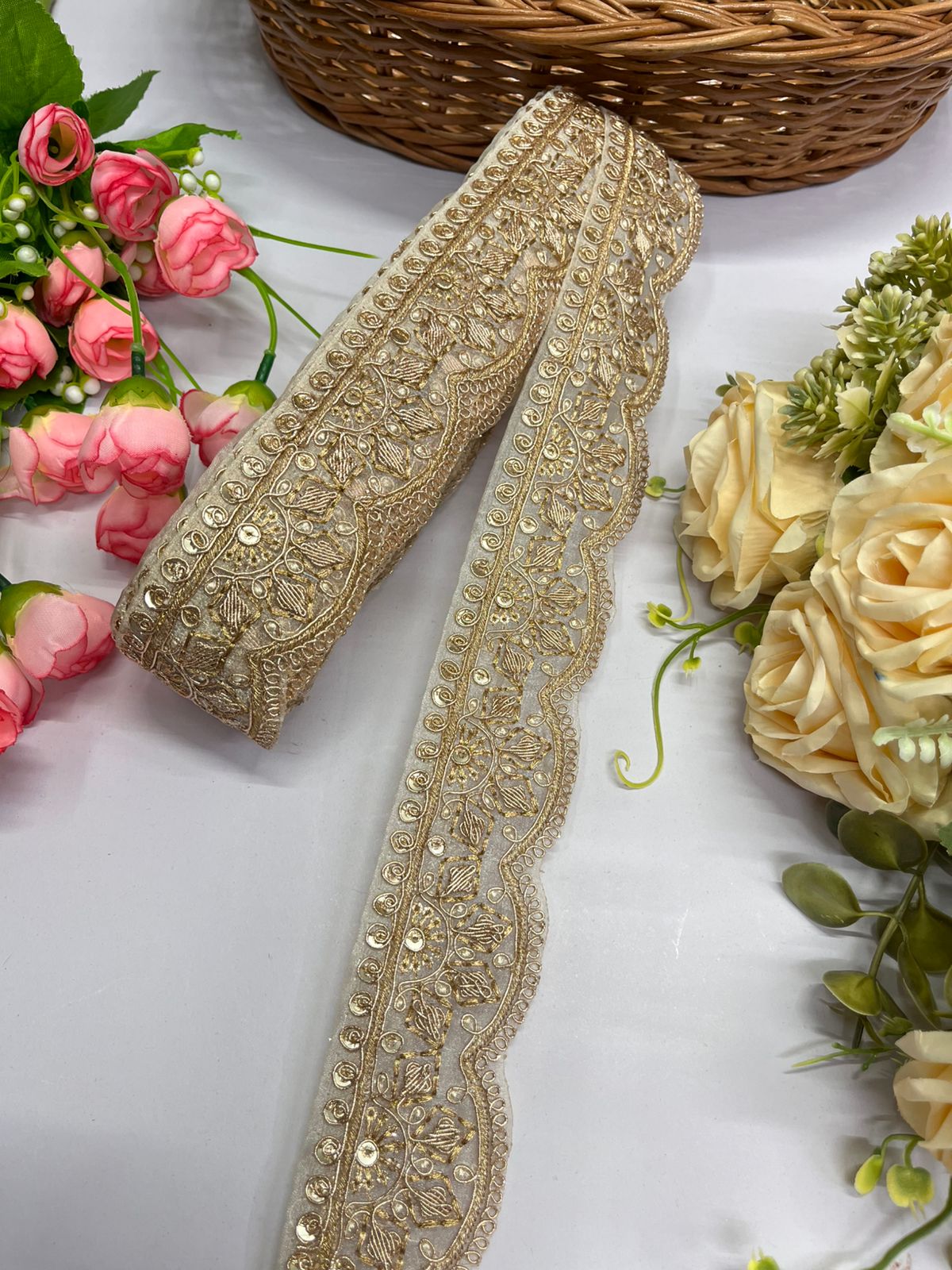 Elegant Scalloped Sequins Work Lace, Embroidered Gold Lace - 9 Meter (2 Inch Width, Gold)