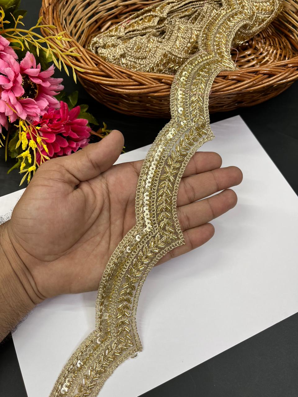 Designer Scalloped Lace Border – Premium 1.5 Inch Gold Embroidered Lace for Sarees, Dupattas, Lehengas & Festive Wear (9 Meter) | Gold