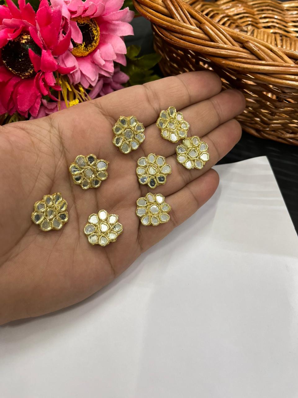 Handcrafted Mirror Work Round Butti (Pack of 12) – Premium Traditional Designer Embellishments | Gold