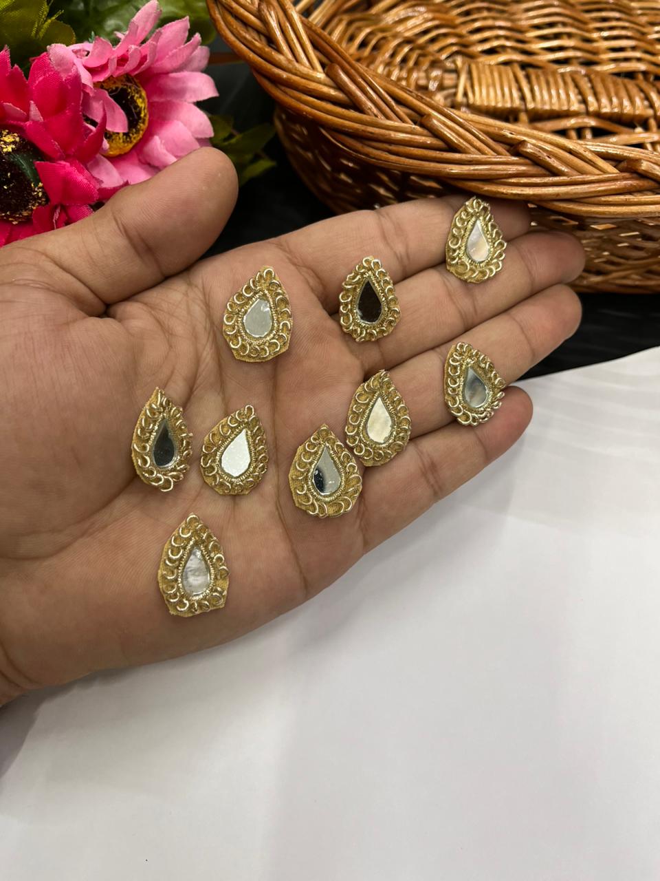 Handcrafted Mirror Work Zardozi Butti (Pack of 12) – Premium Traditional Designer Embellishments | Gold