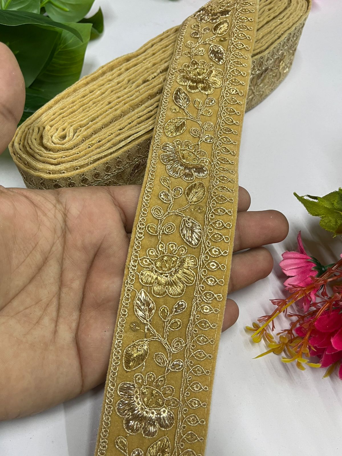 Zari Sequins Embellished Velvet Embroidered Saree Lace | Velvet Fabric Lace Border (9 Mtr) | Gold