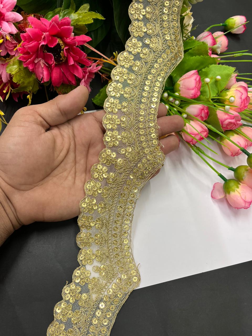 Scalloped Sequins Embroidered Zari Lace – Premium 2 Inch Gold Designer Border for Sarees, Lehengas, Dupattas & Bridal Wear (9 Meter) | Gold