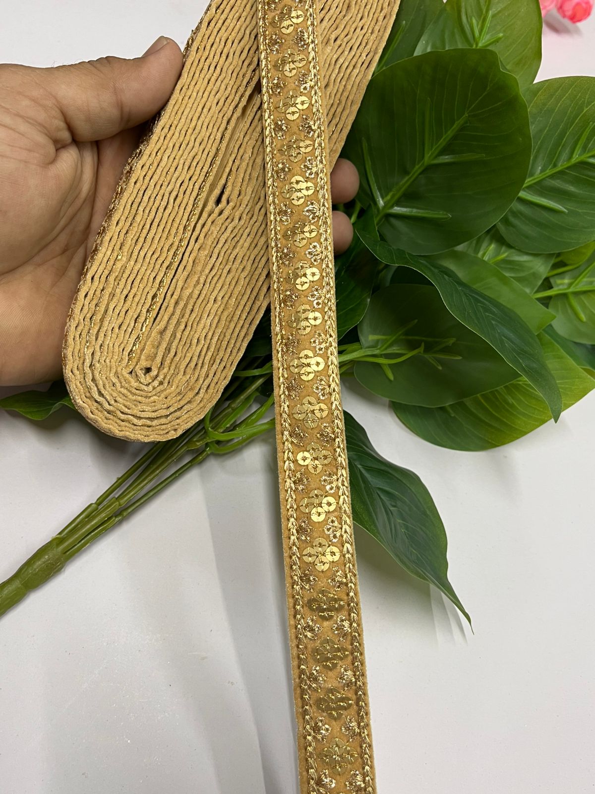 Zari Sequins Embellished Velvet Embroidered Saree Lace | Sari Velvet Fabric Lace Border (9 Mtr) | Gold