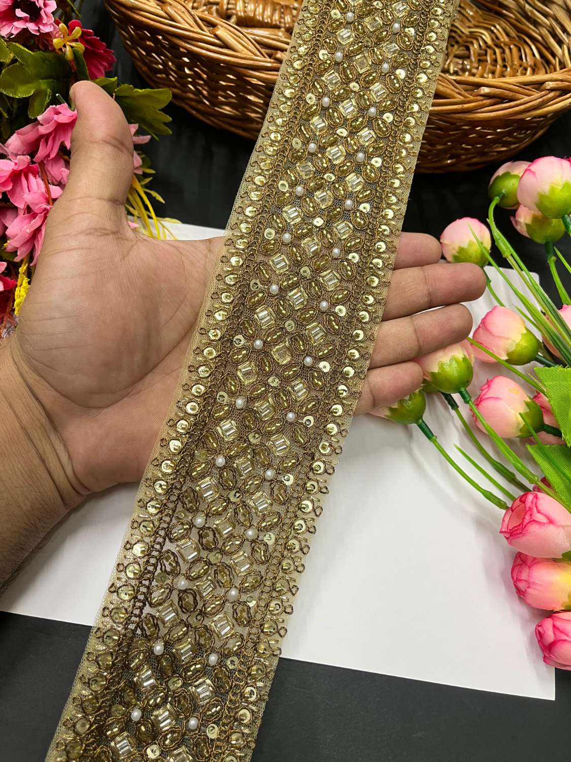 Pearl & Katdana Embroidered Zari Lace – Maggam Work Decorative Lace for Sarees, Dupattas, and Dresses (9 mtr, 3 inch) | Gold
