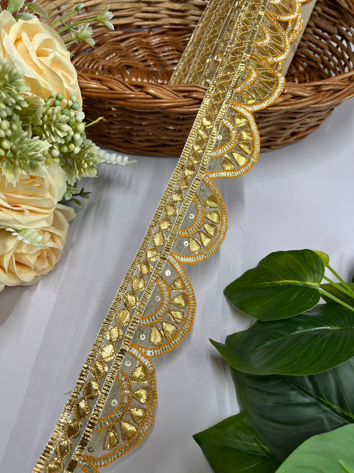 Scalloped Handmade Gota Lace Border - 9 Meter Roll | 2-Inch Wide Gota Trims for Crafting & Embellishments | Gold