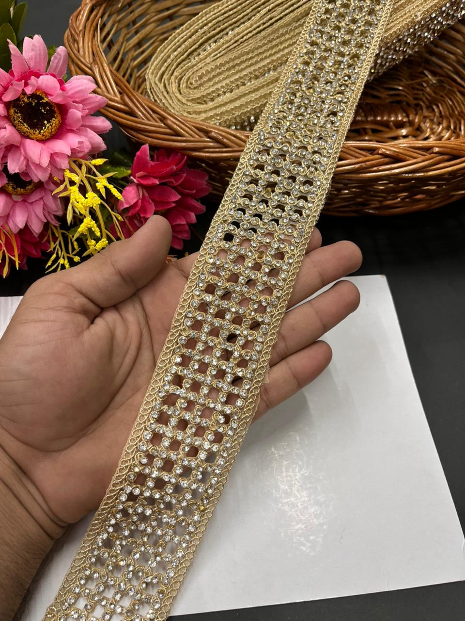 Diamond Cutwork Laces – Premium Gold Embroidery Borders for Sarees, Lehengas & Dupattas (9 Meter, 2 Inch Width) | Gold