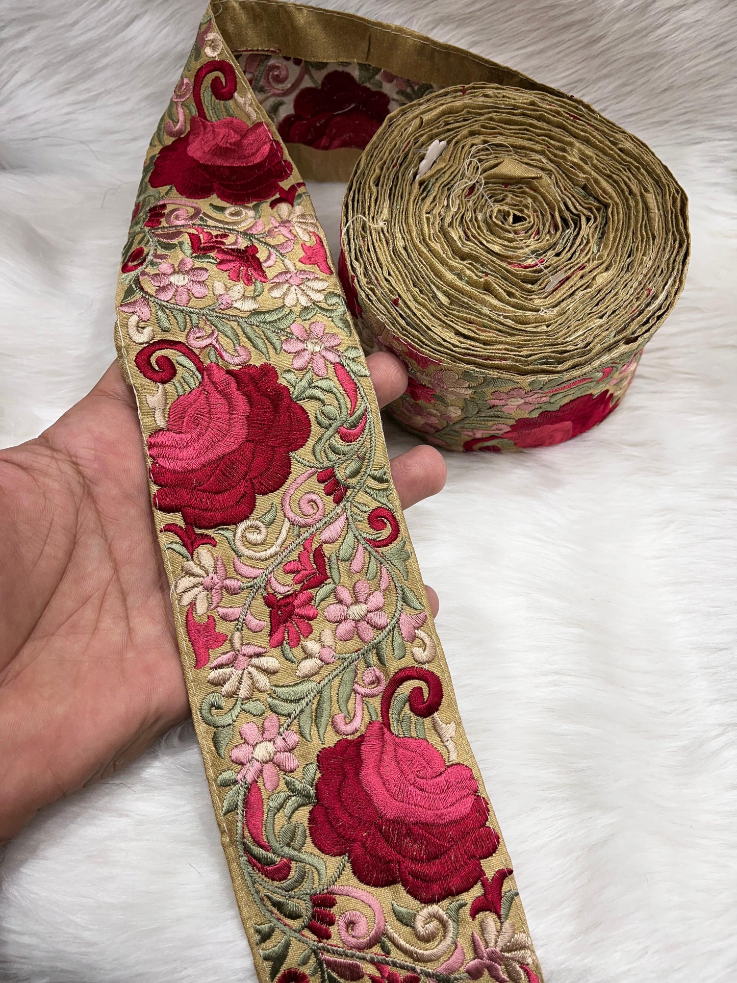 Beautiful Thread Work Parsi Lace Trim – Timeless Elegance, 9 Meters, 3-Inch Width | Gold