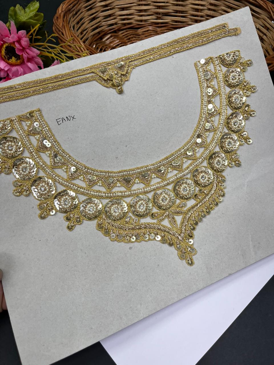 Handwork Zardozi Neck Patch With Sleeves – Premium Designer Embroidered Neckline for Kurtis, Blouses, Suits & Ethnic Outfits | Golden