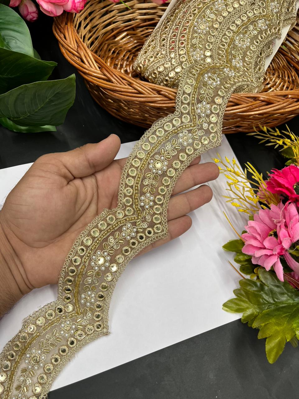 Scalloped Mirror Cutdana Work Saree Lace – Premium Golden Embroidery Lace Border for Ethnic Wear | Gold